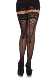 Sheer Backseam Thigh High Stockings with Faux Lace-Up Detail