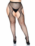 Rhinestone Fishnet Suspender Pantyhose – Sparkly Crotchless Women's Hosiery