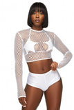 White Fishnet Long Sleeve Crop Top