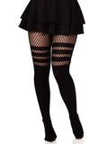 Opaque Faux Thigh High Pantyhose with Striped Fishnet Accent | Women's Seamless Hosiery