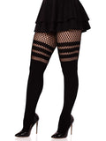Opaque Faux Thigh High Pantyhose with Striped Fishnet Accent | Women's Seamless Hosiery