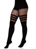 Opaque Faux Thigh High Pantyhose with Striped Fishnet Accent | Women's Seamless Hosiery