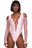 Bubblegum Pink Lace Up Shoulder Bodysuit