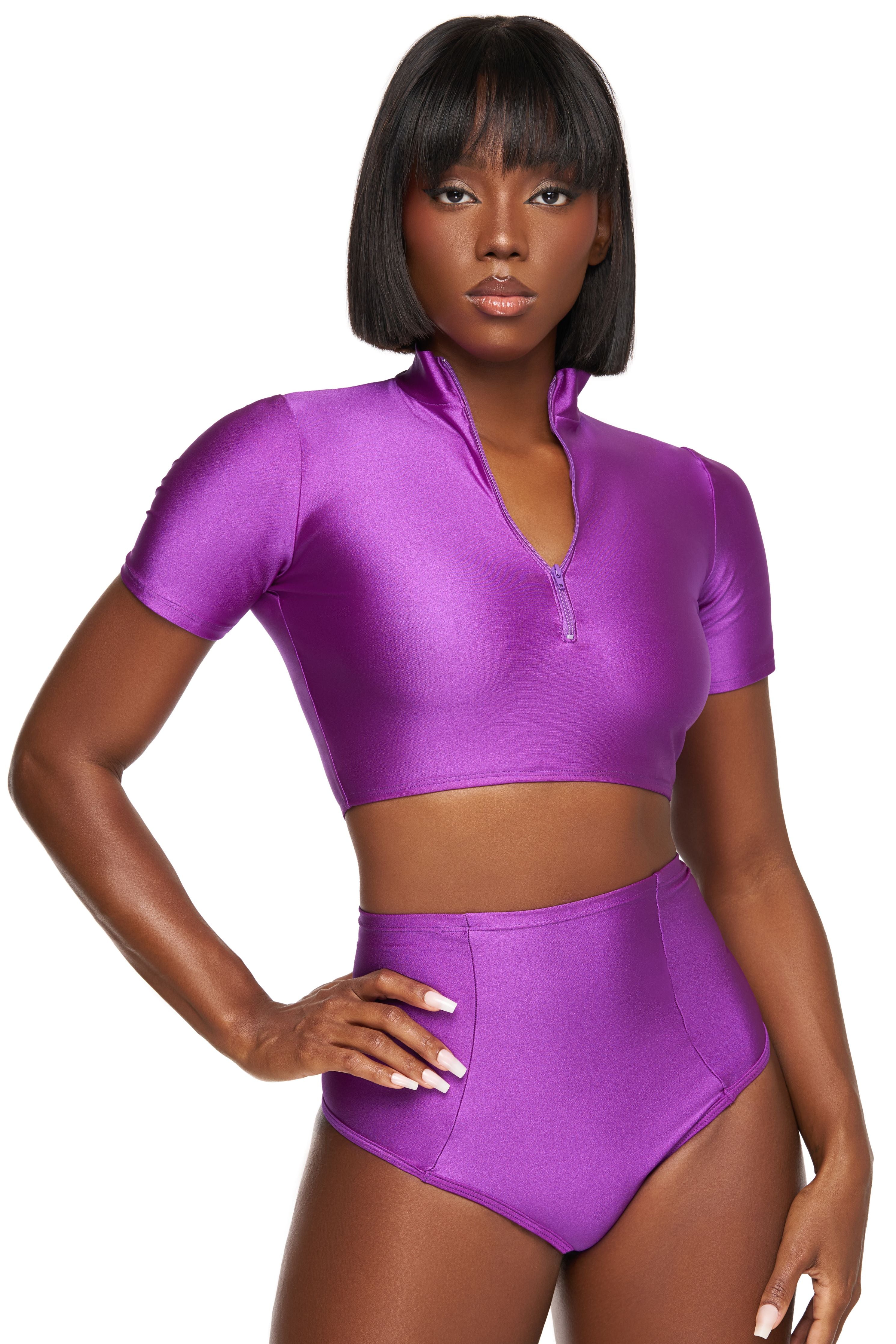 Purple Short Sleeve Zipper Crop Top
