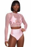 Bubblegum Pink Fish Net Long Sleeve Crop Top