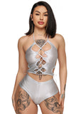 Silver Halter Lace Up Sides Crop Top