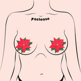 Christmas Winter Poinsettia Red & Green Glitter Nipple Pasties | Waterproof Holiday Breast Covers