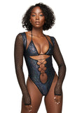 Black Crushed Hologram Open Front Lace Up Bodysuit