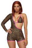 Pink Trimmed Cheetah One Sleeve Bikini Romper