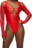 Red Lace Up Shoulder Bodysuit