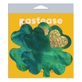 Green Holographic Clover Breast Coverings with Glitter Gold Heart | Waterproof Reusable Pasties