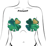 Green Holographic Clover Breast Coverings with Glitter Gold Heart | Waterproof Reusable Pasties