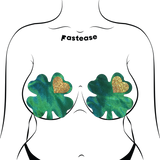 Green Holographic Clover Breast Coverings with Glitter Gold Heart | Waterproof Reusable Pasties