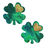 Green Holographic Clover Breast Coverings with Glitter Gold Heart | Waterproof Reusable Pasties