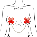 Red Patent Leather Cross Nipple Pasties with Silver Chain – Bold Festival Adhesive Covers