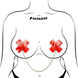 Red Patent Leather Cross Nipple Pasties with Silver Chain – Bold Festival Adhesive Covers