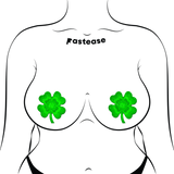 Four Leaf Clover Green Glitter Velvet Shamrock Nipple Pasties | Waterproof Festival Nipple Covers