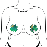 Four Leaf Clover Holographic Green Shamrock Nipple Pasties with Gold Heart