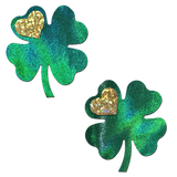 Four Leaf Clover Holographic Green Shamrock Nipple Pasties with Gold Heart
