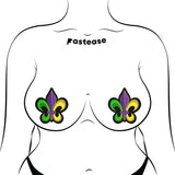 Fleur-de-Lis Mardi Gras Nipple Pasties – Purple, Yellow & Green Waterproof Festival Covers