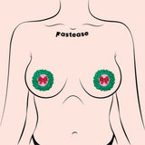 Peek-a-Boob Green Glitter Wreath with Red Glitter Bow Nipple Pasties | Waterproof Holiday Adhesive Covers