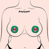 Peek-a-Boob Green Glitter Wreath with Red Glitter Bow Nipple Pasties | Waterproof Holiday Adhesive Covers