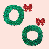 Peek-a-Boob Green Glitter Wreath with Red Glitter Bow Nipple Pasties | Waterproof Holiday Adhesive Covers
