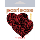 Red Glitter Heart Nipple Pasties with Black Lace Overlay | Elegant Adhesive Festival Covers