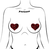 Red Glitter Heart Nipple Pasties with Black Lace Overlay | Elegant Adhesive Festival Covers