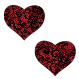 Red Glitter Heart Nipple Pasties with Black Lace Overlay | Elegant Adhesive Festival Covers