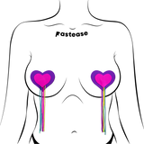 Neon Pink & Purple Heart Tassel Fringe Nipple Covers with Rainbow Tassels | Waterproof Reusable Pasties