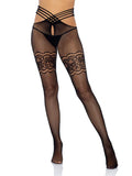 Women's Fishnet Crotchless Tights with Strappy Waist & Lace Garter Detail