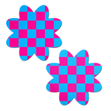 Neon Checkered Pink & Blue Petal Nipple Pasties | UV Reactive Festival Adhesive Covers