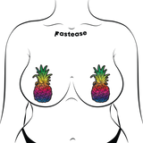 Rainbow Pineapple Sparkling Breast Pasties – Glitter Tropical Nipple Covers for Festivals & Raves