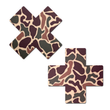 Desert Camo X-Shaped Nipple Pasties – Camouflage Adhesive Breast Covers for Festivals & Raves