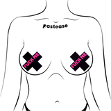Plus X "F*ck Me" Black Cross on Neon Pink Base Nipple Pasties