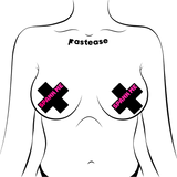 Plus X "Spank Me" Black Cross on Neon Pink Base Nipple Pasties