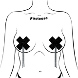 Black Sparkle Plus X Tassel Nipple Pasties with Long Rhinestone Tassels