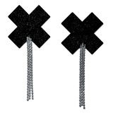 Black Sparkle Plus X Tassel Nipple Pasties with Long Rhinestone Tassels