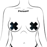 Liquid Black Cross X Pierced Nipple Pasties with Stainless Steel Barbell – Waterproof Adhesive Festival Covers