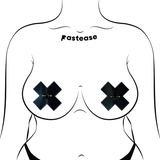 Liquid Black Cross X Pierced Nipple Pasties with Stainless Steel Barbell – Waterproof Adhesive Festival Covers