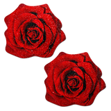 Red Glitter Velvet Blooming Rose Nipple Covers – Floral Adhesive Festival Pasties
