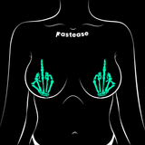 Glow in the Dark Skeleton Hand Middle Finger Pasties – Waterproof Latex-Free Adhesive Nipple Covers for Halloween & Festivals