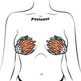 White Skeleton Hands Holding Orange Halloween Pumpkins Breast Pasties | Waterproof Adhesive Nipple Covers