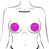 Neon Green Glow-in-the-Dark Pink Smiley Face Breast Pasties | UV Reactive Festival Nipple Covers