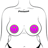 Neon Green Glow-in-the-Dark Pink Smiley Face Breast Pasties | UV Reactive Festival Nipple Covers