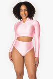 Bubblegum Pink Long Sleeve Zipper Crop Top