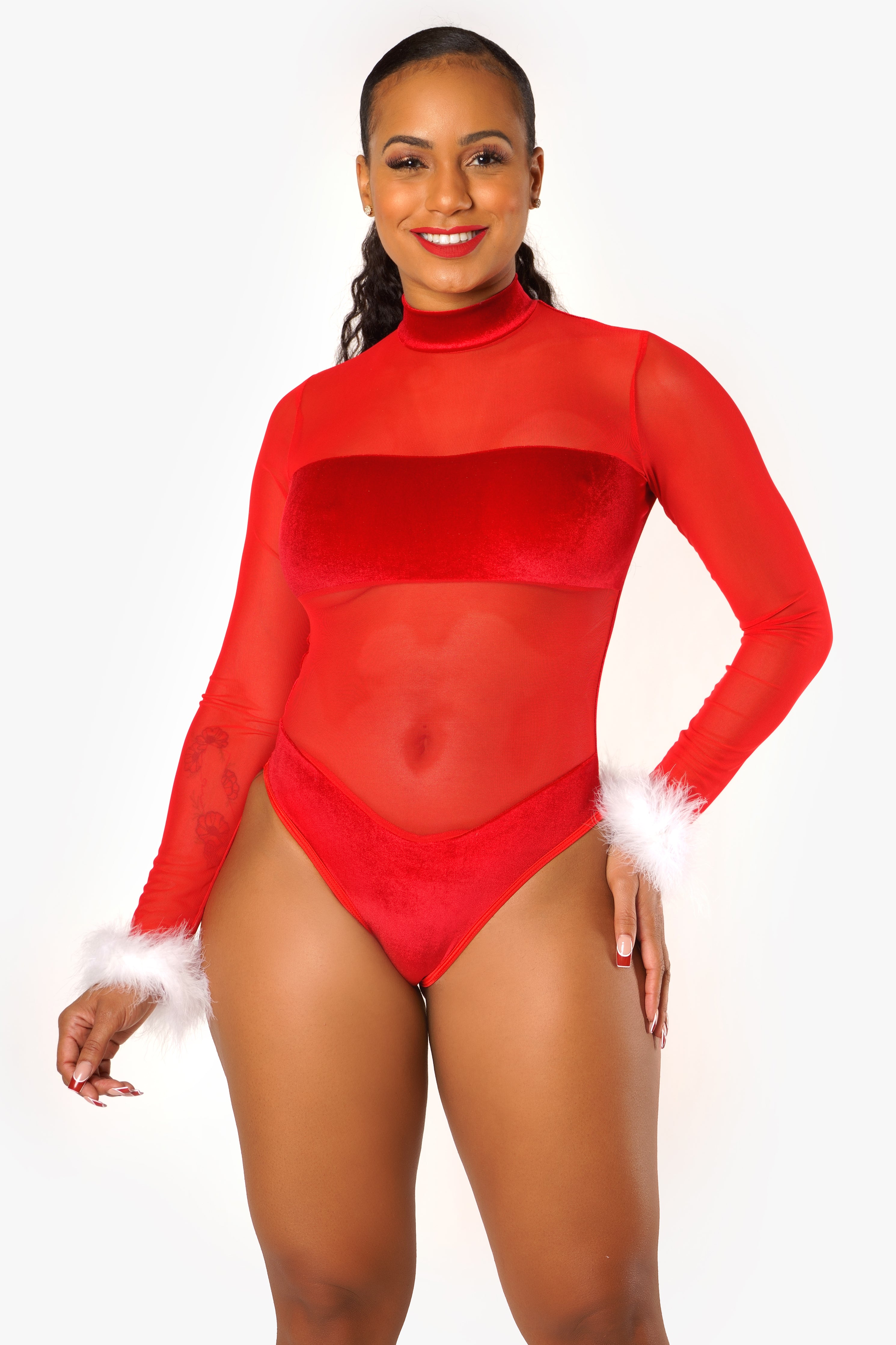 Red Velvet and Sheer Long Sleeve Santa Bodysuit