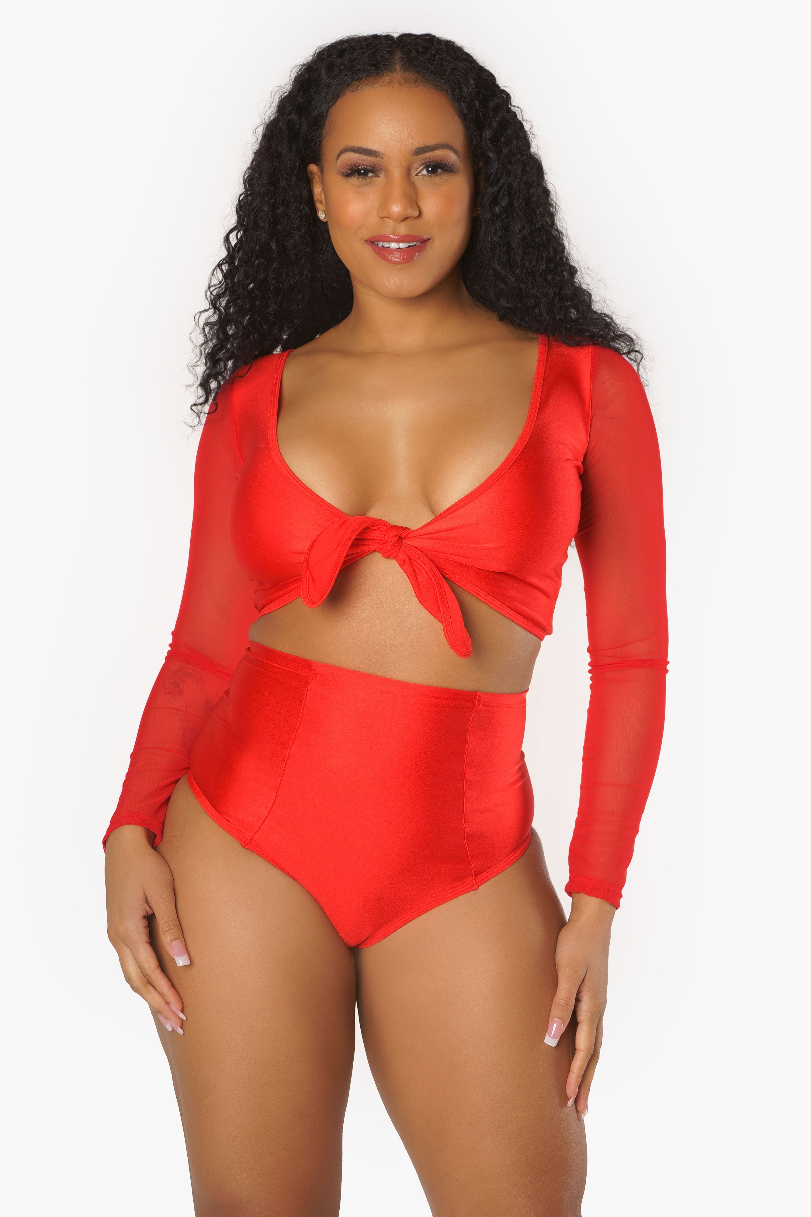 Red Long Sleeve Tie Up Top and High Waisted Bottoms Set