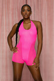 Neon Pink Glitter Halter Mesh Thigh Bodysuit